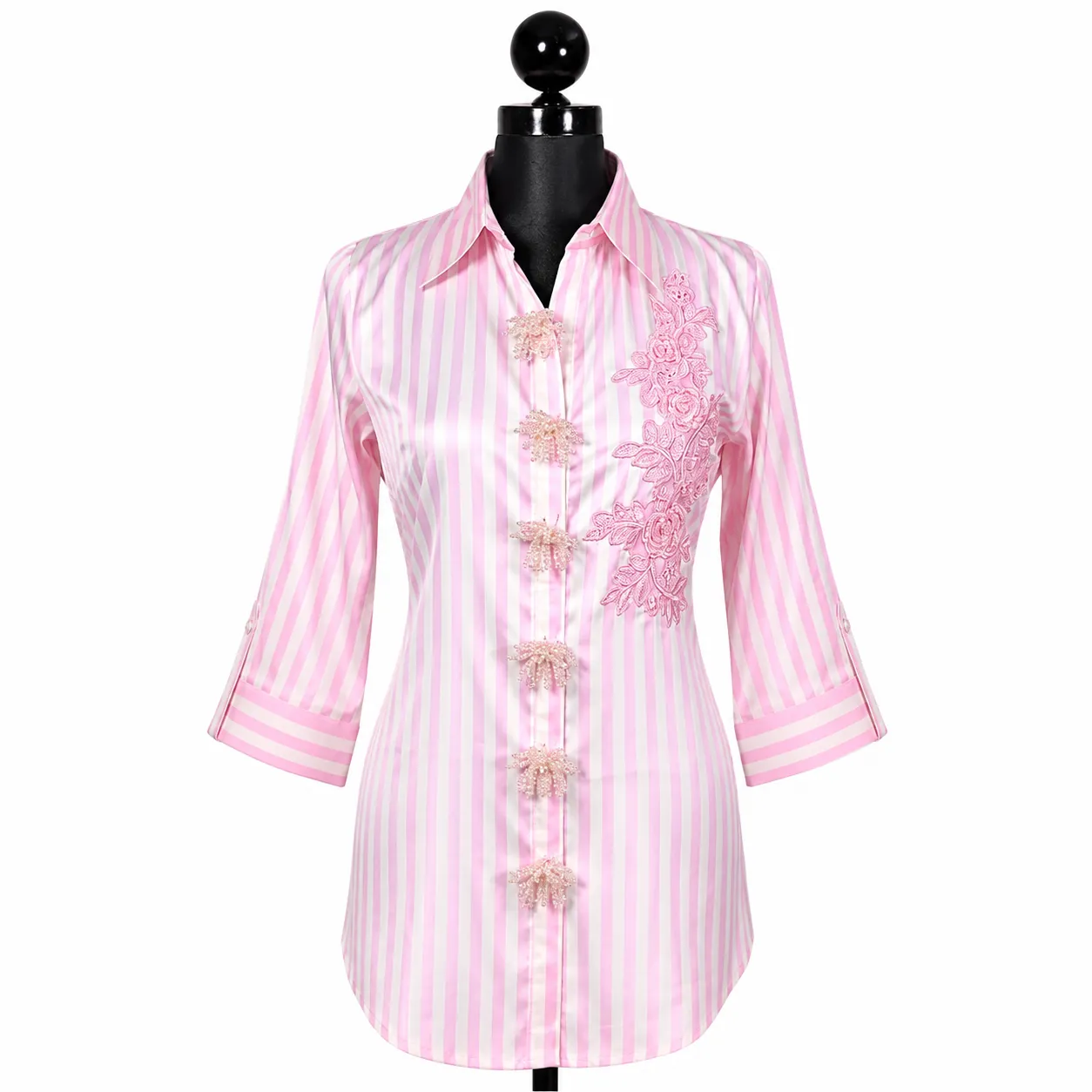 Elegant Pink Striped Shirt with Floral Lace Detailing